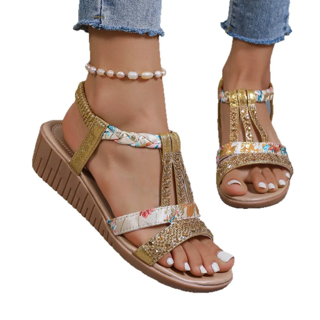 Women's bohemian wedge peep toe sandals elastic slip-on low top in sky blue