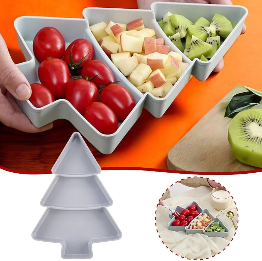Christmas tree shaped divided fruit platter in pink, grey, blue, and white