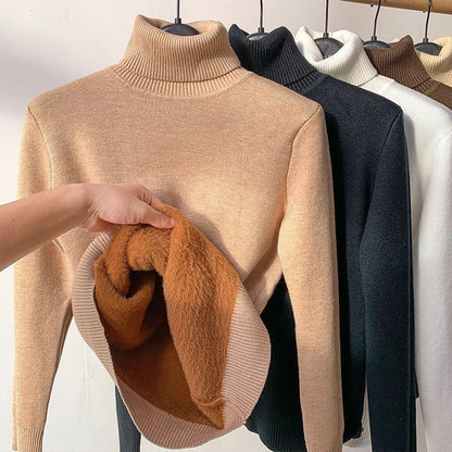 Women's turtle neck winter sweater in various colours, showcasing plush thickening and slim fit