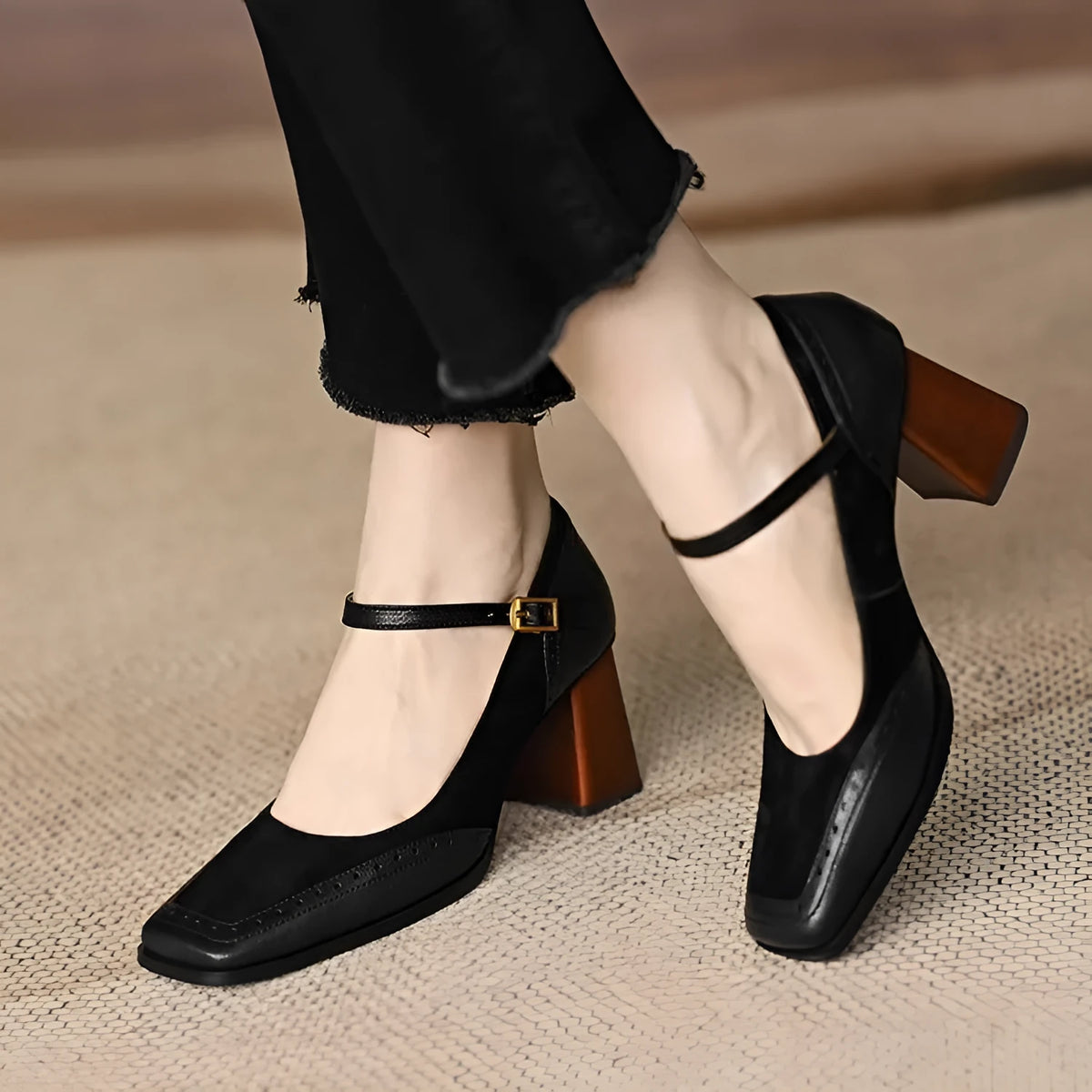 French style square toe chunky heel suede high heel shoes for women in black and brown