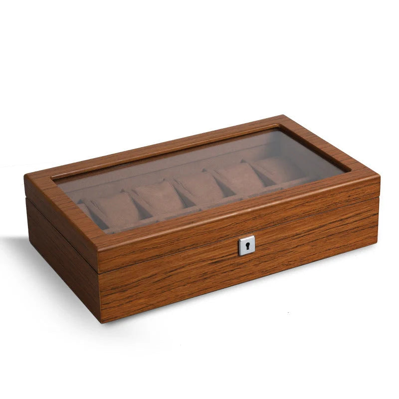 Matte wood grain lock watch storage box with 5 slots, brown finish