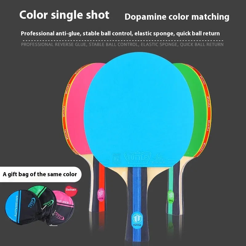 Table tennis racket with a long shakehand grip handle and matching cover, shown in pink, blue, and green colour options.