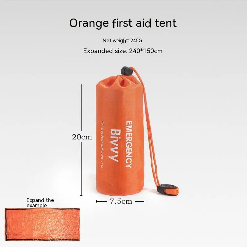 Emergency disaster relief tent kit with orange tent, sleeping bag, raincoat and safety whistle