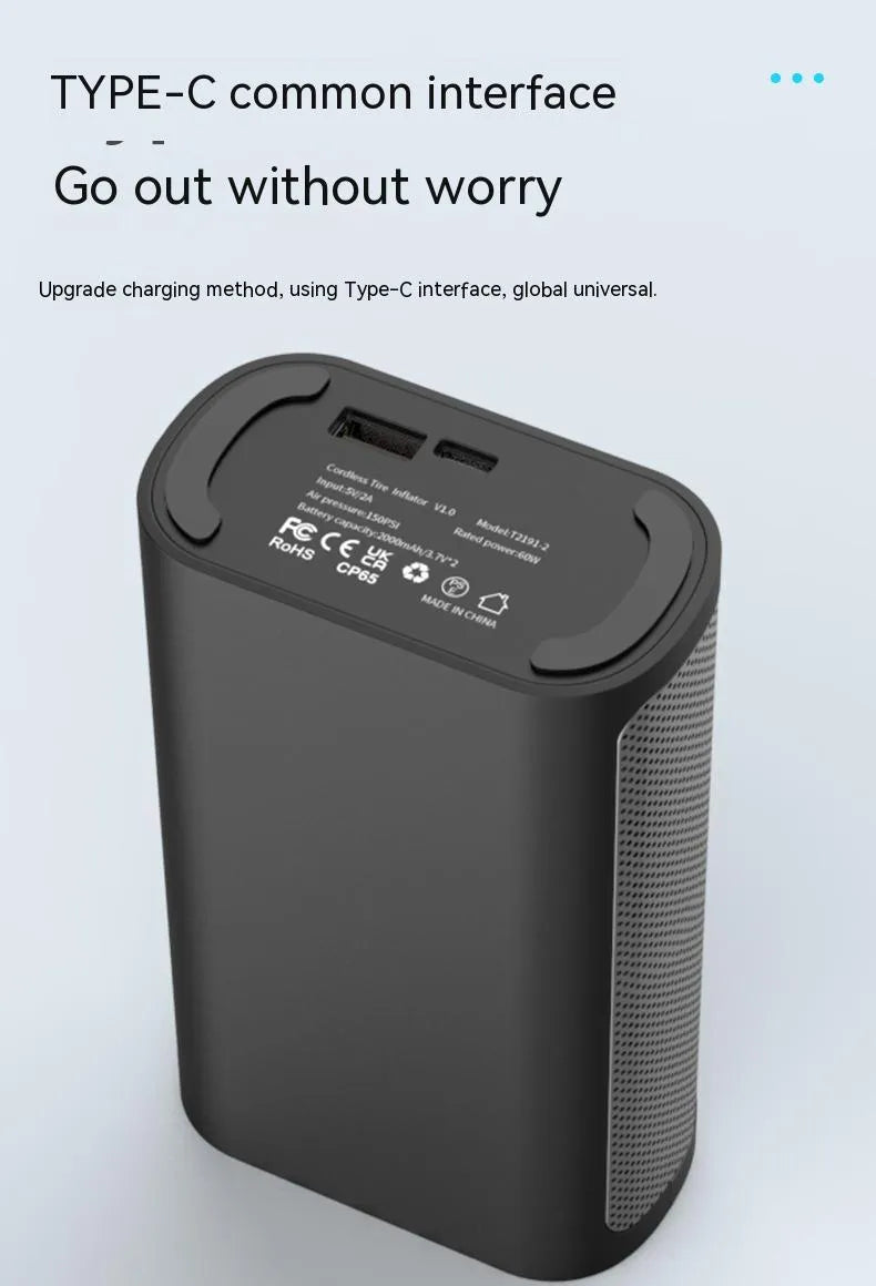 Handheld wireless digital tyre inflator with LCD screen and selection of nozzle adaptors.