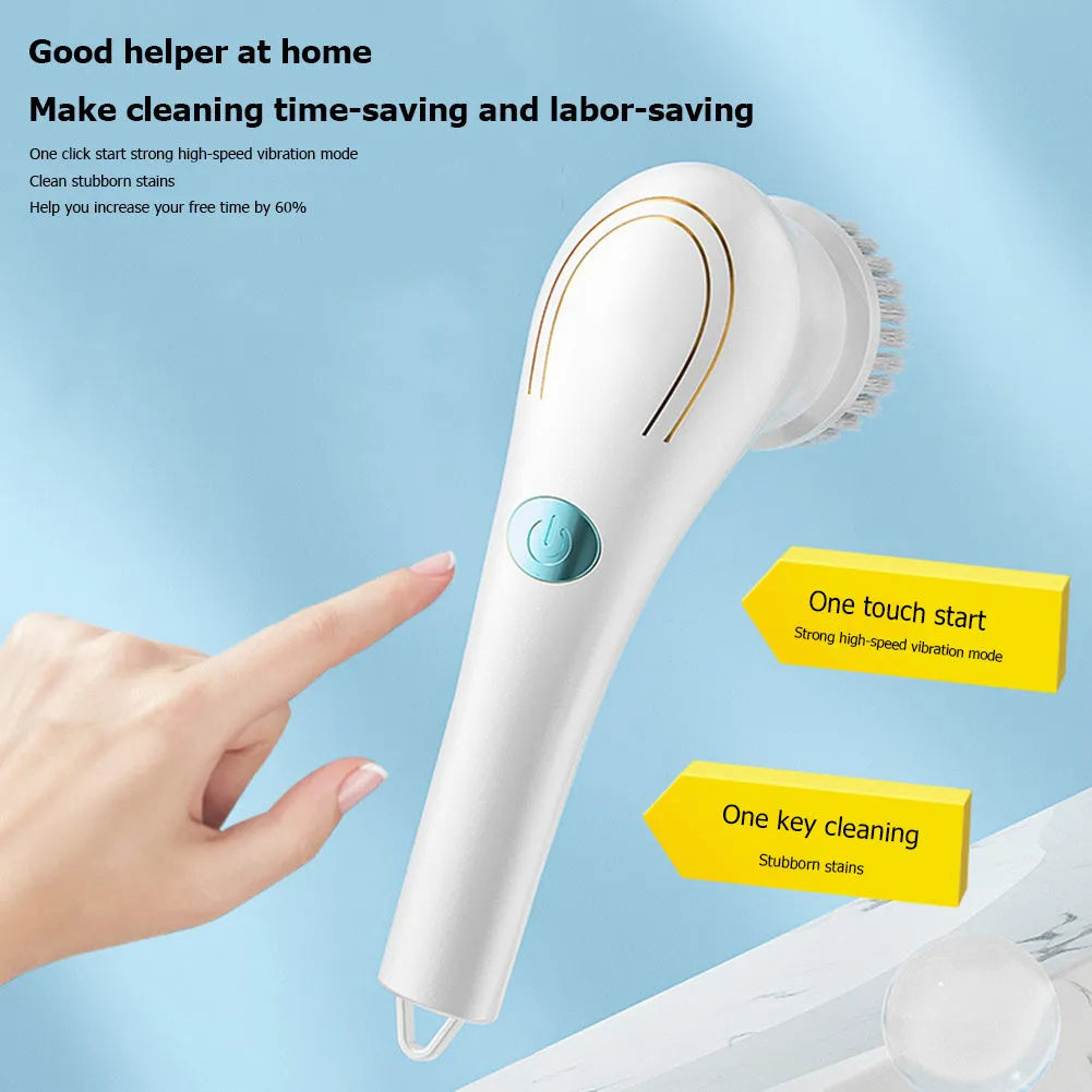 White cordless electric cleaning brush with five brush heads including nylon, sponge, wire, scouring pad and plush cloth attachments