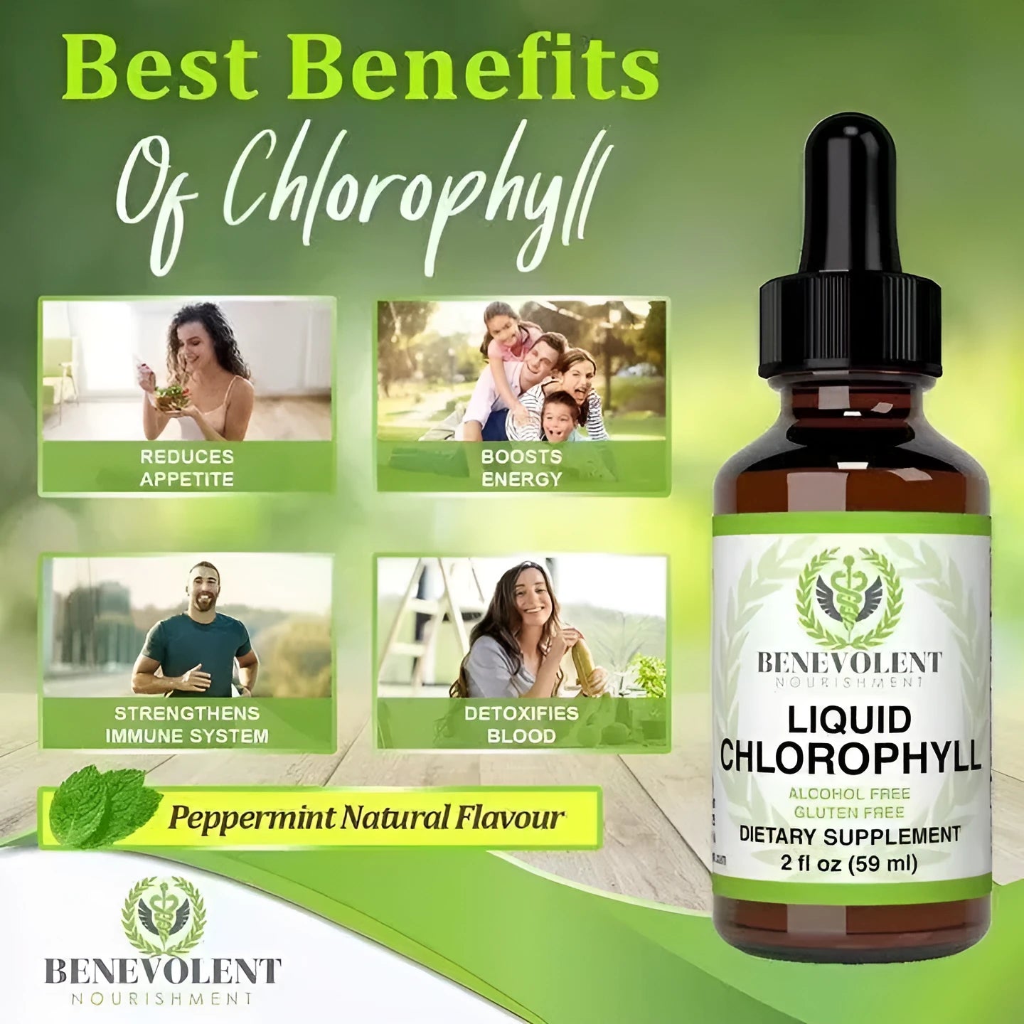 60ml bottle of liquid chlorophyll drops for body odour control and intestinal care