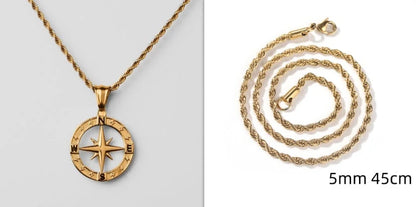 Stainless steel compass circular necklace with electroplated finish in gold and steel options