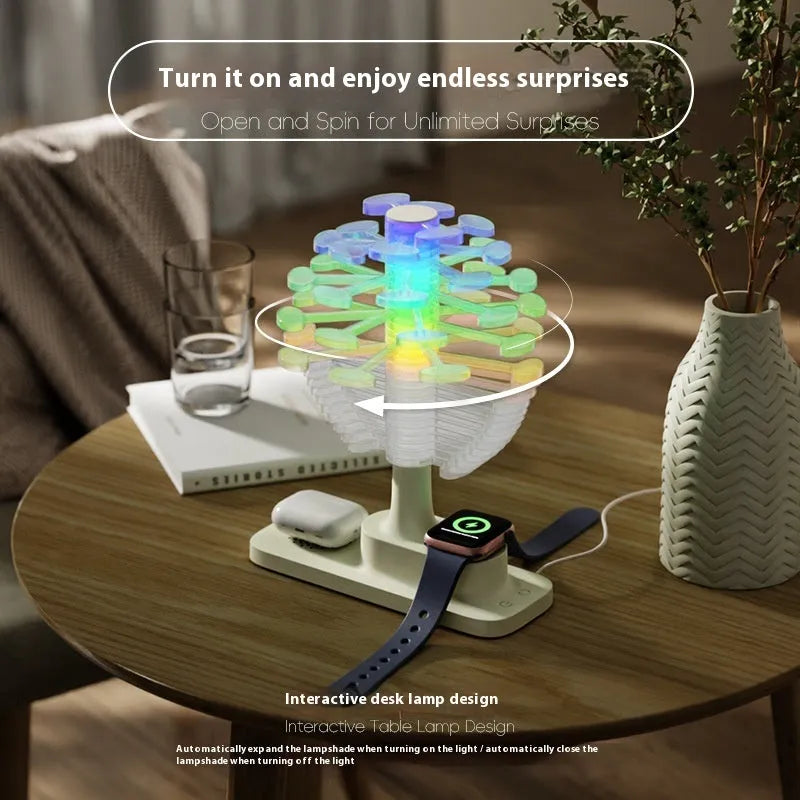 Spiral Tree geometric modern LED desk lamp with white light on a wooden surface.