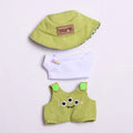 Three-piece doll clothes set with cartoon suspender pants and hat for pendant dolls in matcha colour, cloth material
