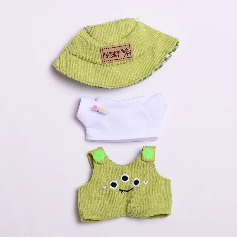 Three-piece doll clothes set with cartoon suspender pants and hat for pendant dolls in matcha colour, cloth material
