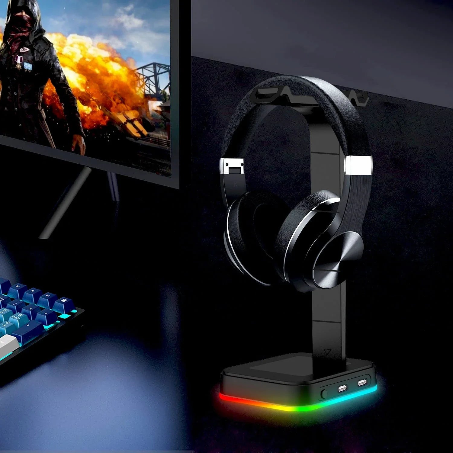 Sleek RGB headphone stand with power strip and charging ports for organized and customizable gaming setup