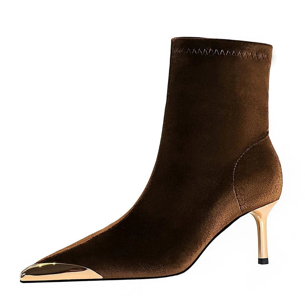 Women's suede stiletto heel ankle boots in black with pointed toe and metal detail