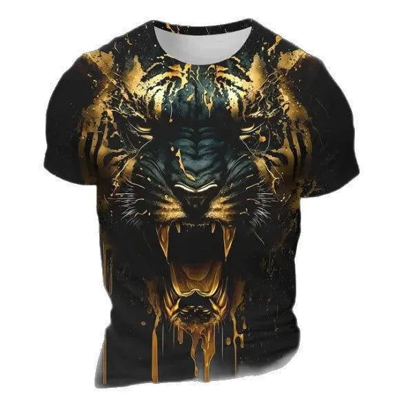 Men's short sleeve T-shirt with a detailed 3D tiger pattern print on light fabric.
