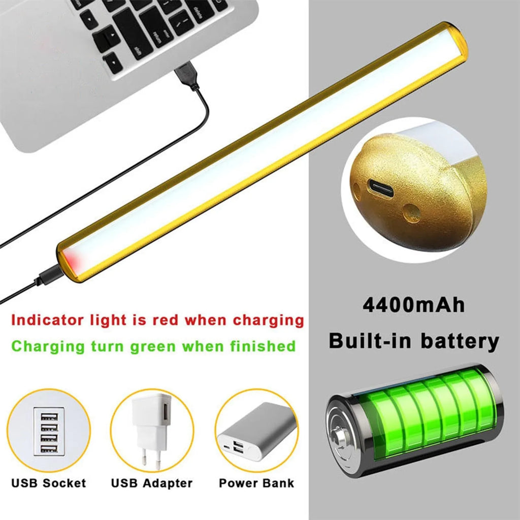 Magnetic suction 40cm rechargeable LED wall lamp in black with remote control, mounted above a bathroom mirror showing three colour temperatures