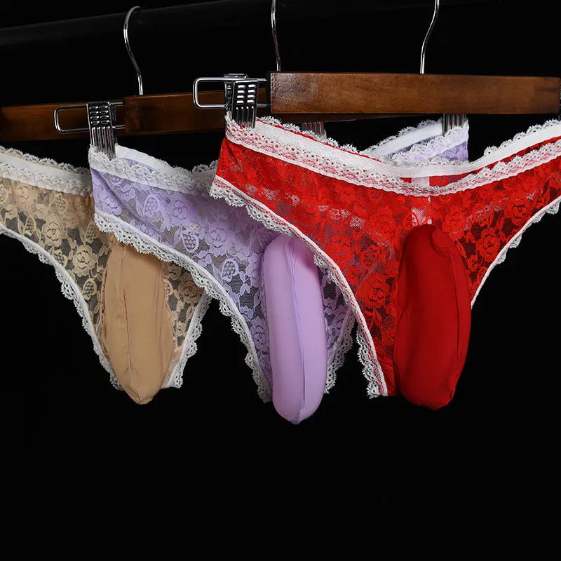 Men's lace underwear with vertical pouch support in low-waist design