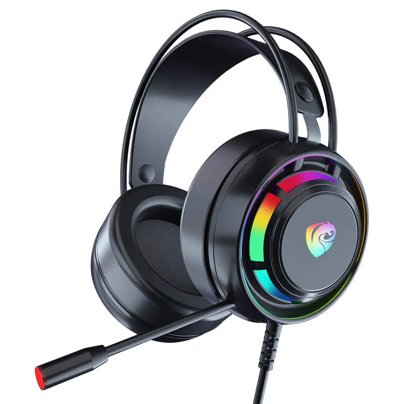 Black wired over-ear headphones with a microphone, showing a long cable and large circular ear cups.