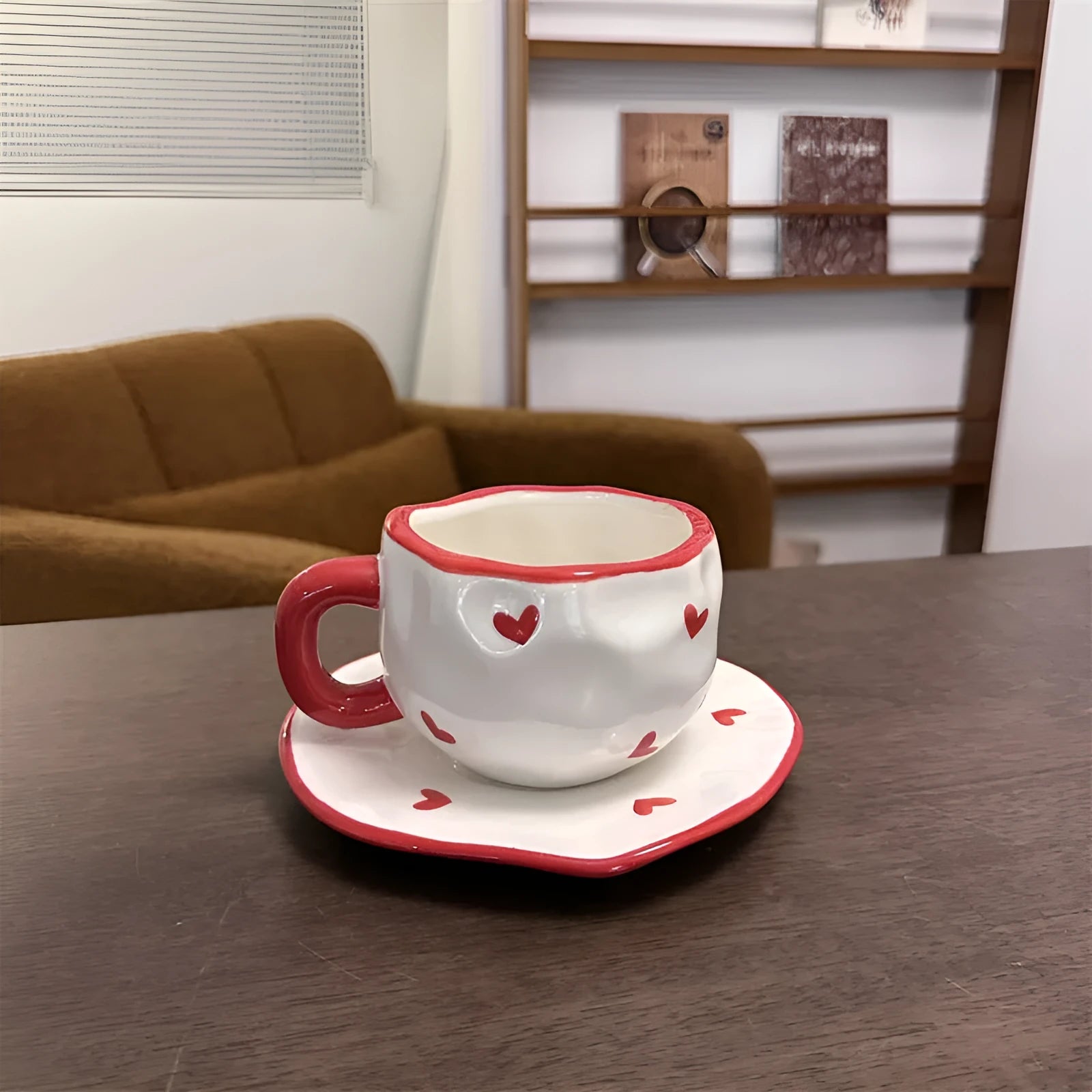 Korean ins style hand-painted ceramic cup and saucer set with red edge love cup floral pattern on saucer