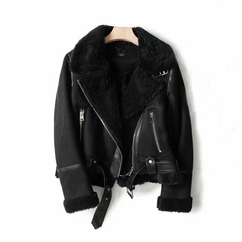 Winter Lapel Jacket in suede and lamb wool for women motorcycle riders