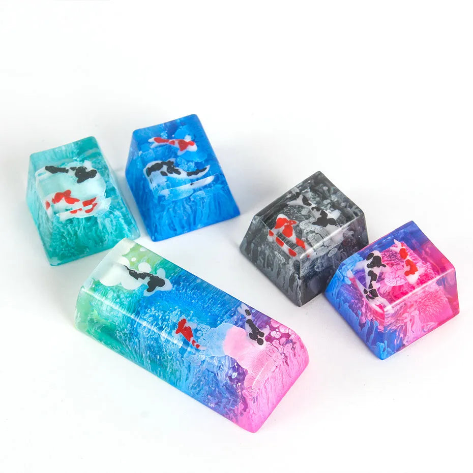Blue scenic koi fish resin keycaps for Cherry MX mechanical keyboards showing spacebar and individual keys