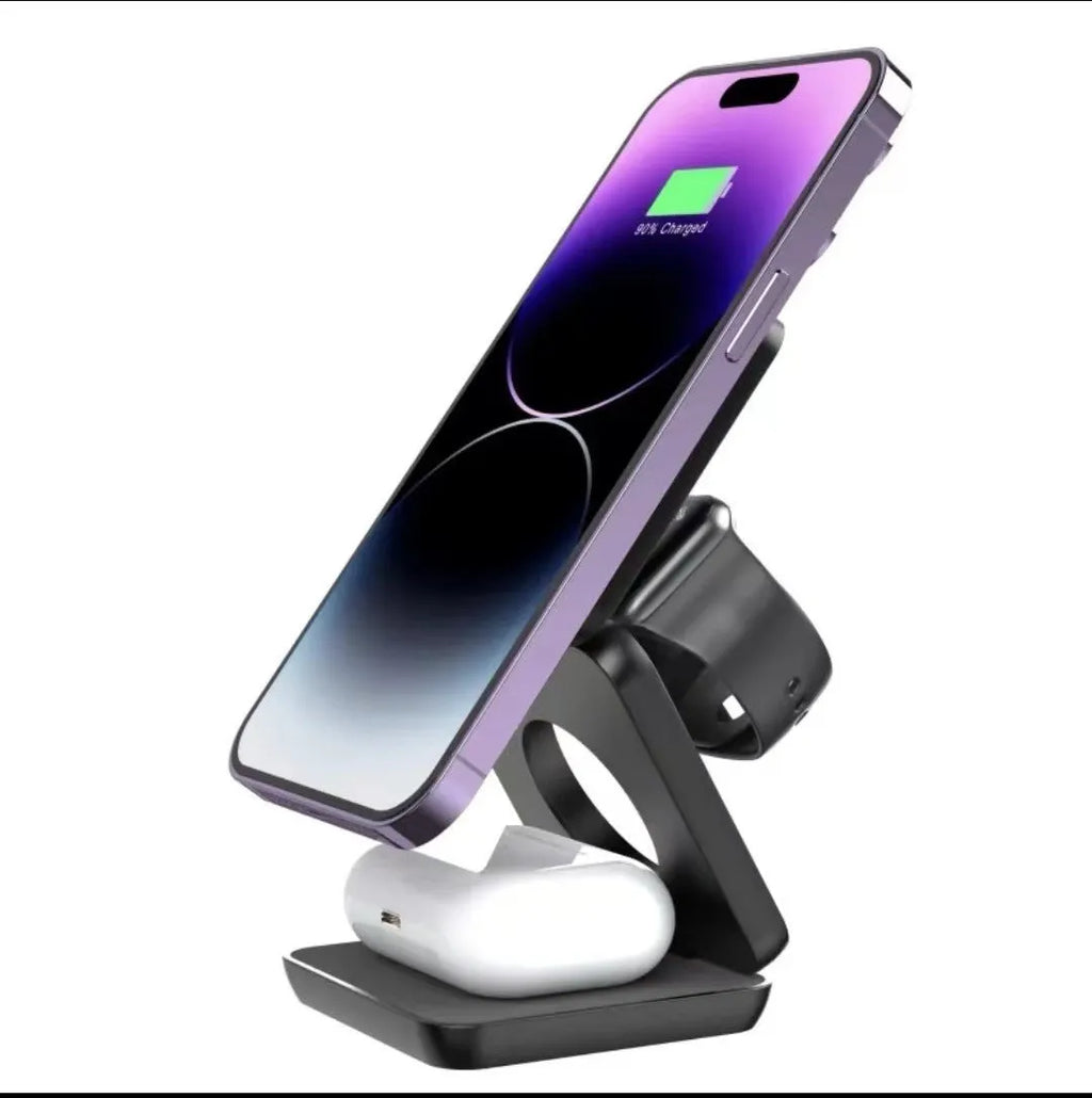 Folding three-in-one magnetic wireless charger in black with Type-C cable and EU plug on a desk