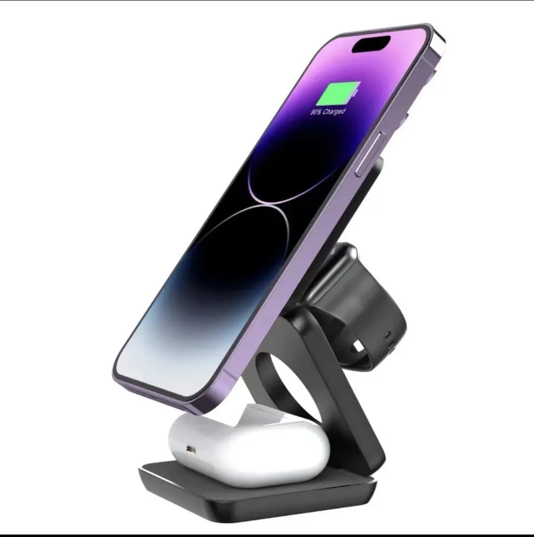 Folding three-in-one magnetic wireless charger in black with Type-C cable and EU plug on a desk