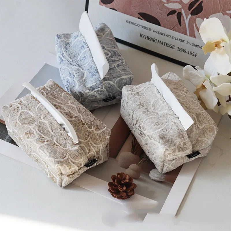 Chinese pastoral style cotton fabric tissue box with rose pattern and drawer in beige, blue, and brown.