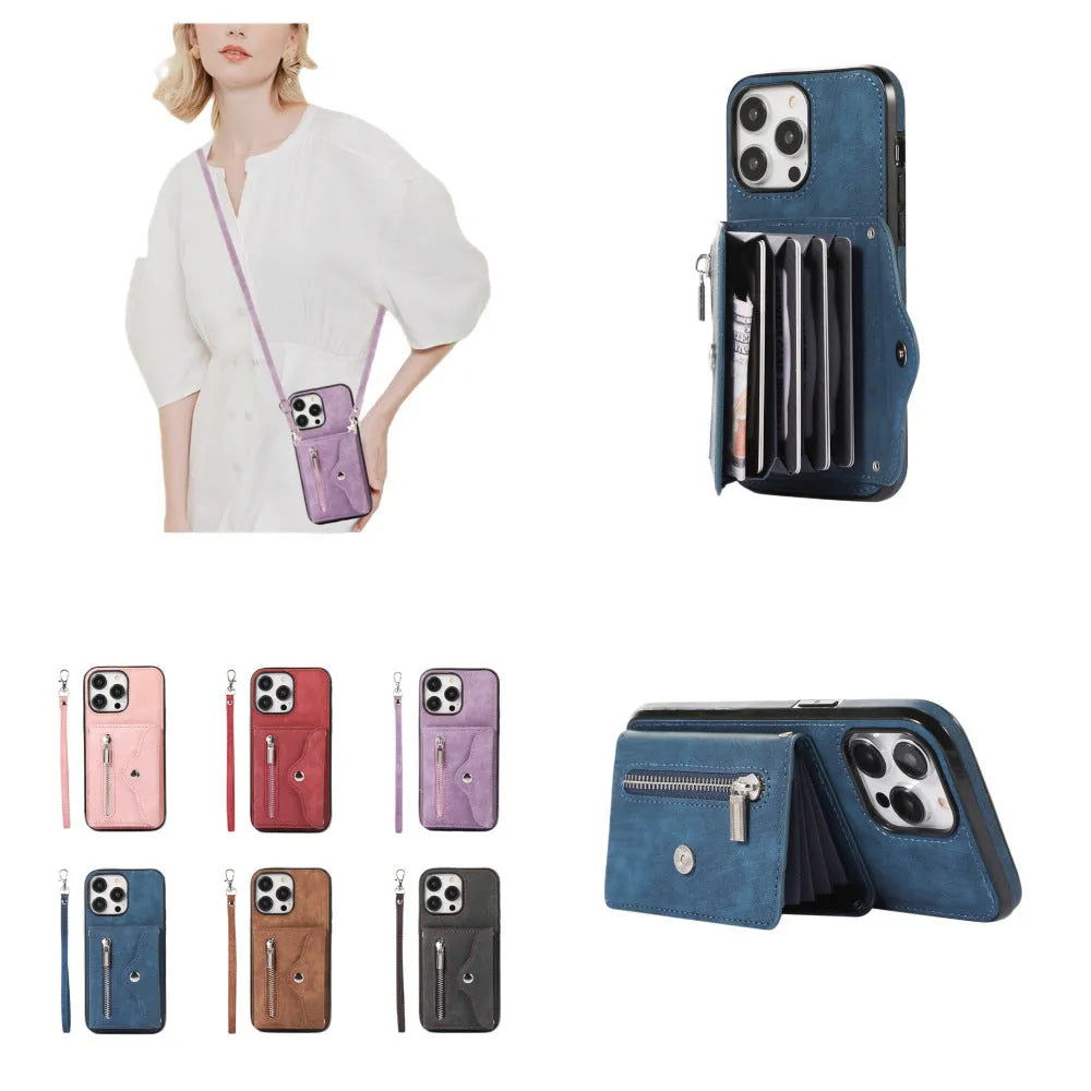 Blue phone case protective sleeve crossbody with magnetic closure, bracket stand, and card slot for iPhone models