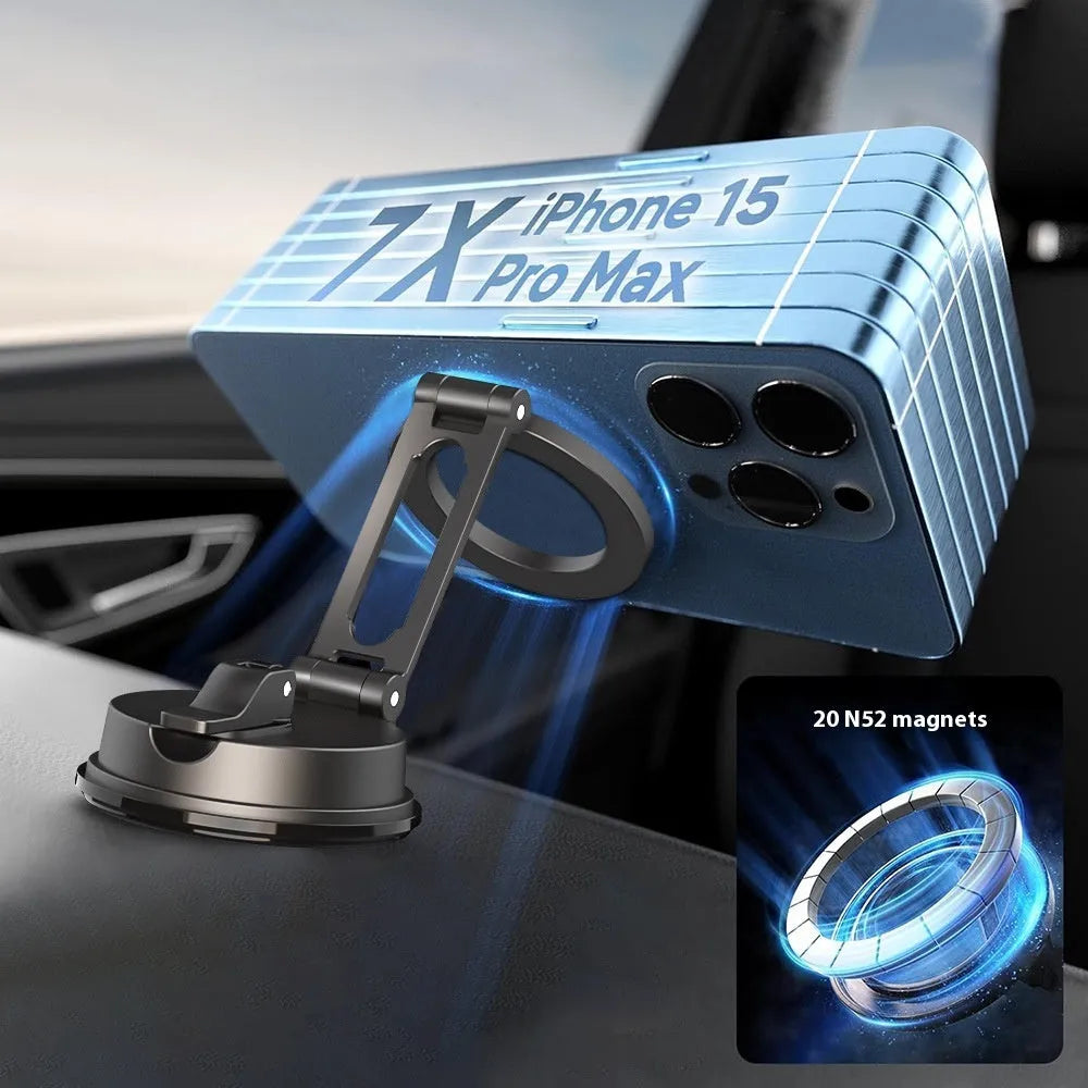Black car magnetic phone holder with suction cup mount for vehicle windscreen or dashboard attachment