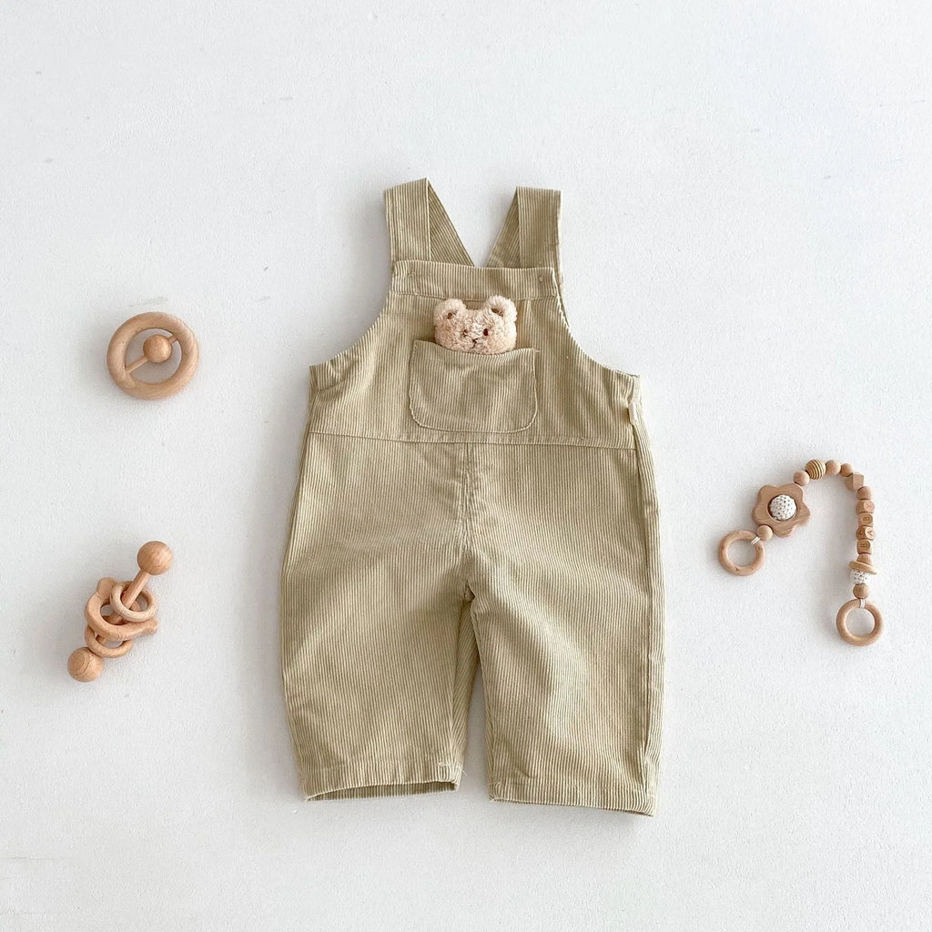 Boys' bear-style corduroy suspender overalls in apricot, solid colour, suitable for 73-100cm height