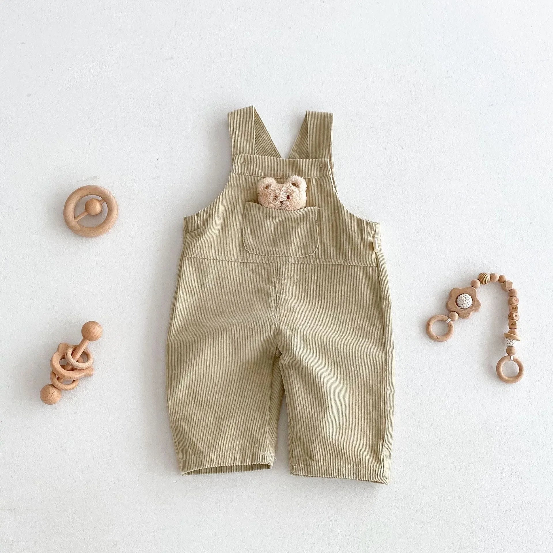 Boys' bear-style corduroy suspender overalls in apricot, solid colour, suitable for 73-100cm height