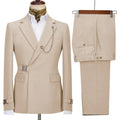 Men's light business casual polyester suit in beige with flat lapel collar and centre back vent