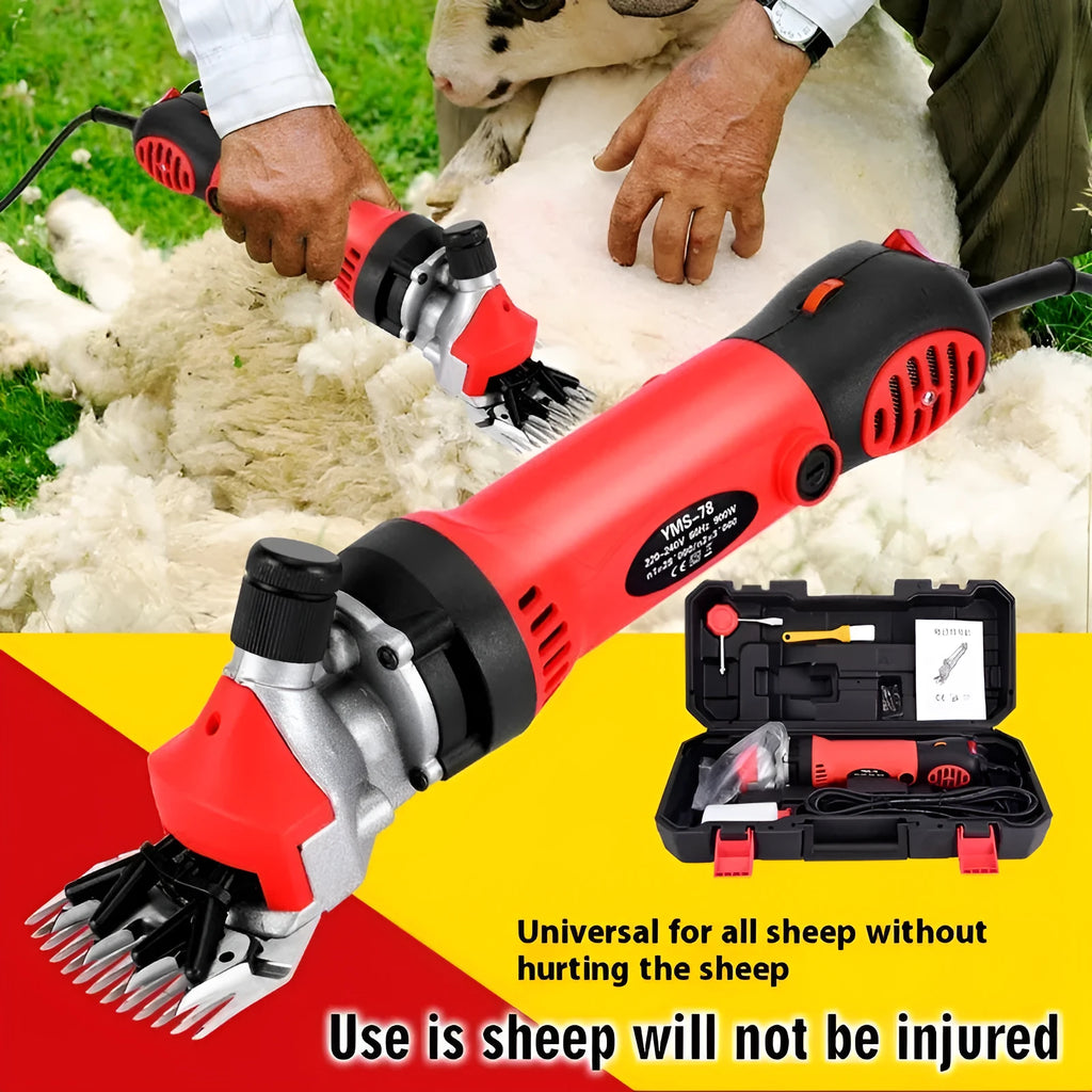 Yellow American 110V electric wool shears kit with multiple blade pairs and maintenance tools