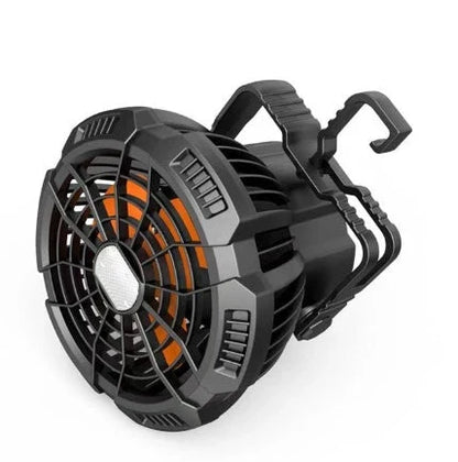 Multifunction LED Lighting Lamp with Fan in orange and black, featuring remote control and USB charging