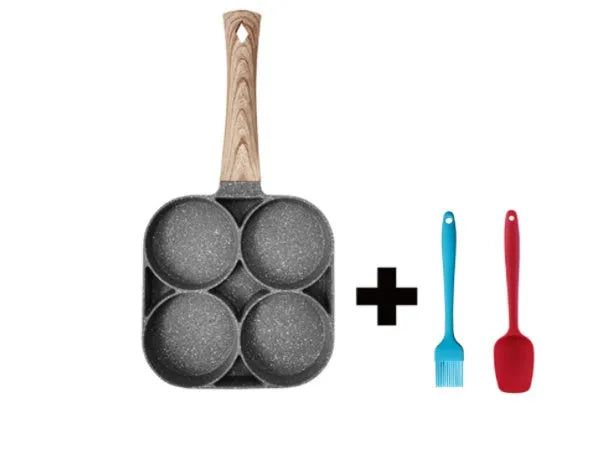Four-hole non-stick frying pan with Bakelite handle for making eggs, burgers and pancakes.