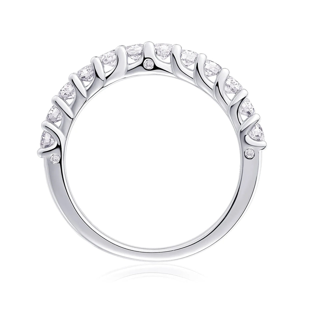 The Radiance moissanite wedding ring in S925 silver with platinum plating, on a white background, with GRA certificate and gift box