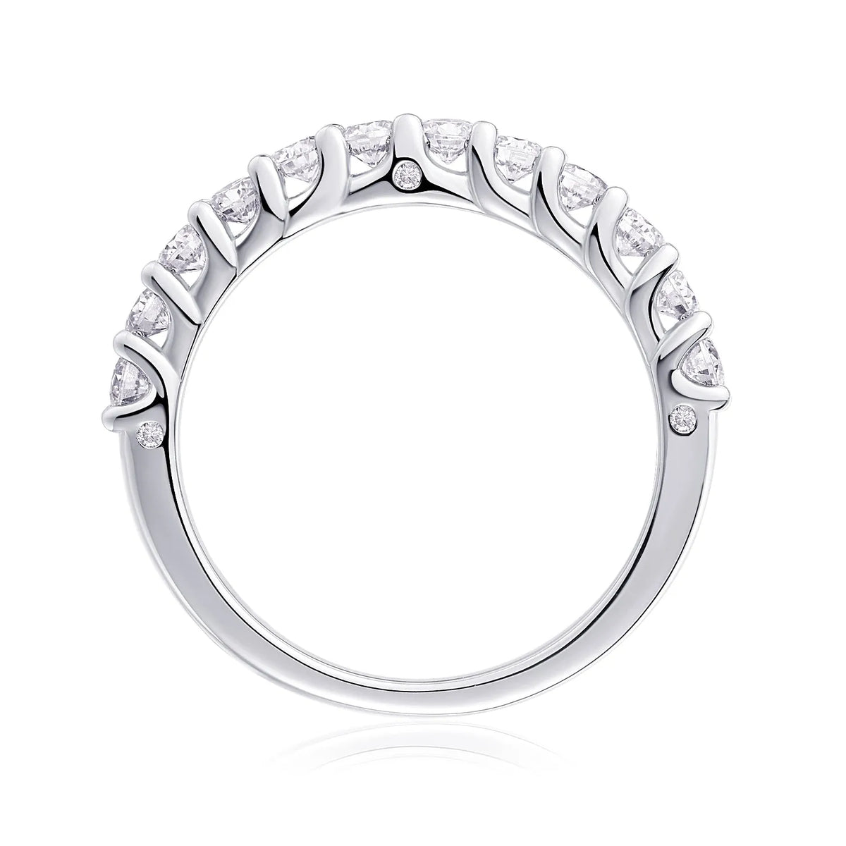 The Radiance moissanite wedding ring in S925 silver with platinum plating, on a white background, with GRA certificate and gift box