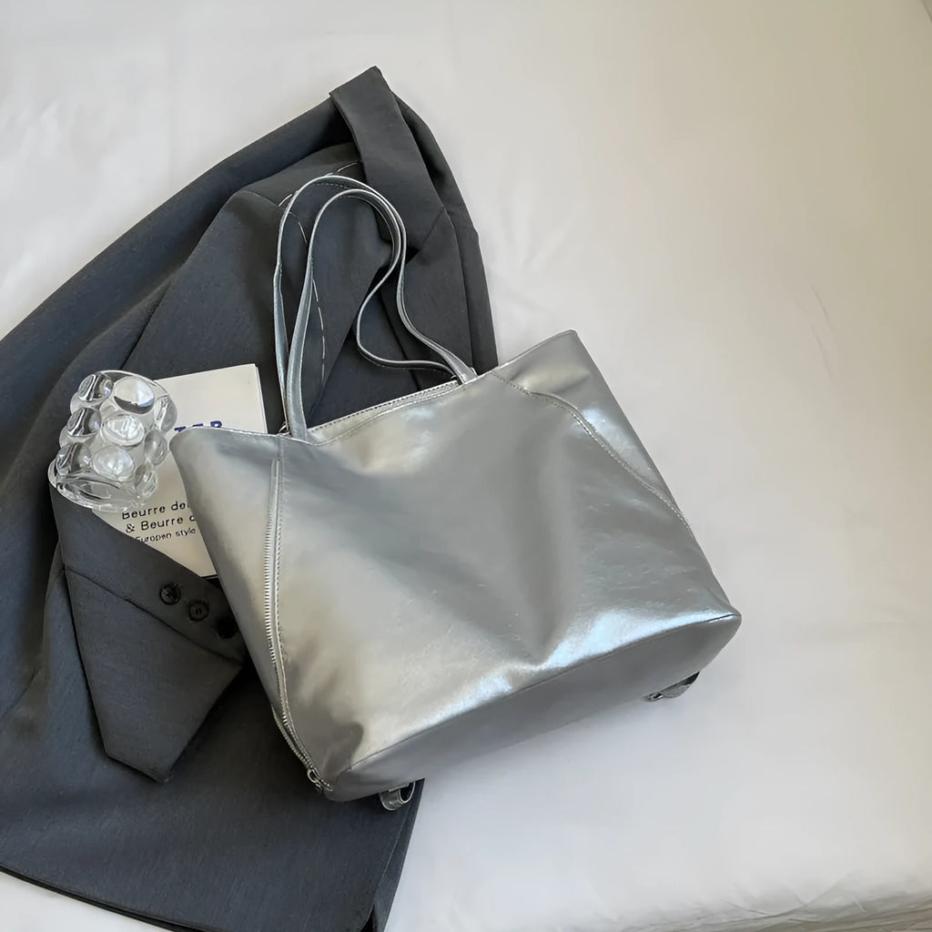 Women's large capacity PU oil leather tote bag with double zipper and sewing thread detail in four colour options