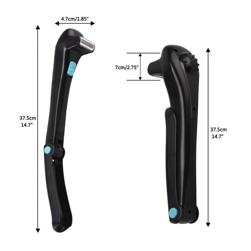 Black folding electric body shaver for men on a white background.