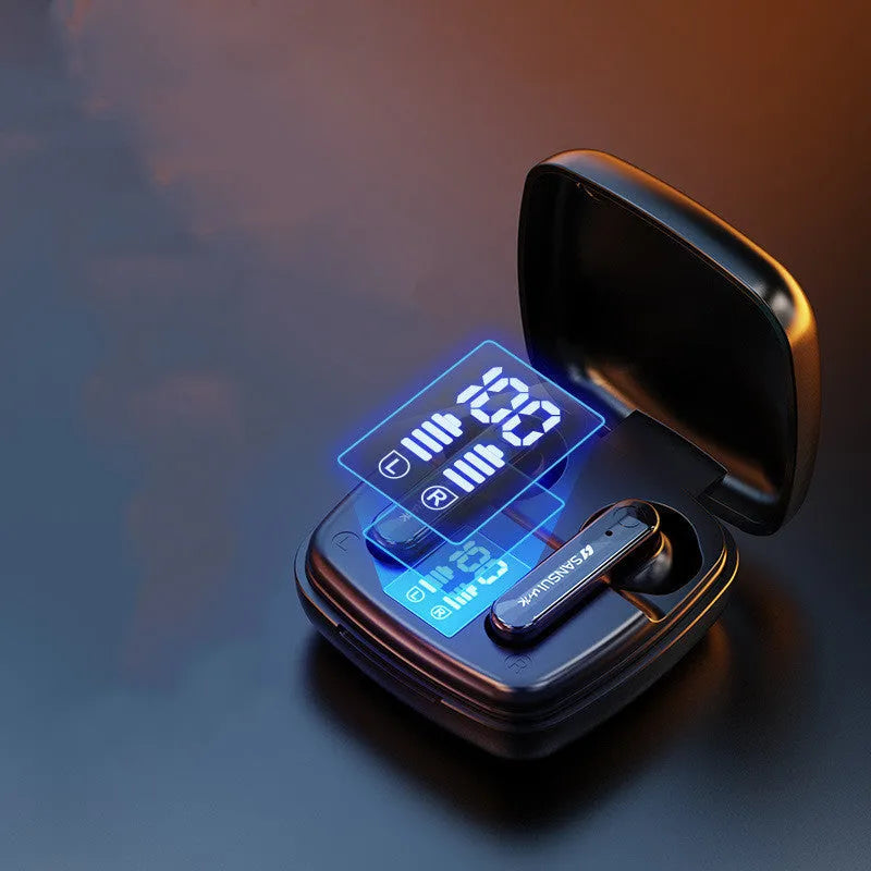 Dark night black and ivory white wireless Bluetooth earbuds with semi-in-ear design and digital battery display.