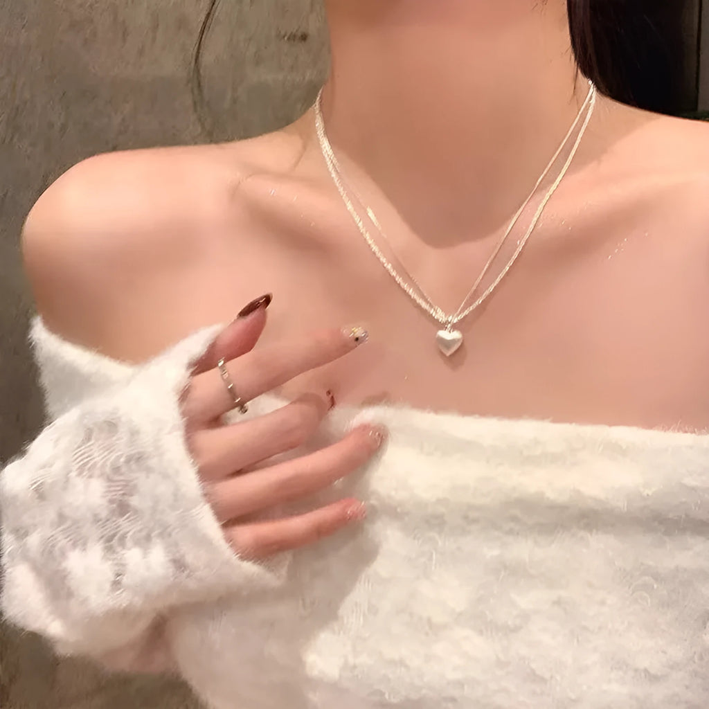 Double-layer brushed heart pendant necklace on silver-colour chain