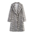 Leopard print lapel loose fake fur long sleeve coat with pockets for women street hipster style