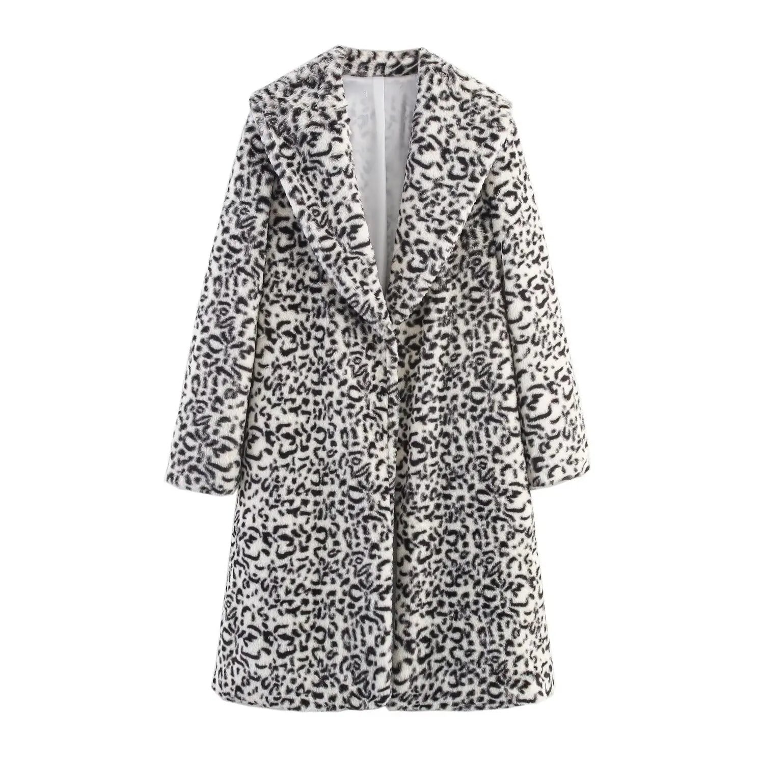 Leopard print lapel loose fake fur long sleeve coat with pockets for women street hipster style