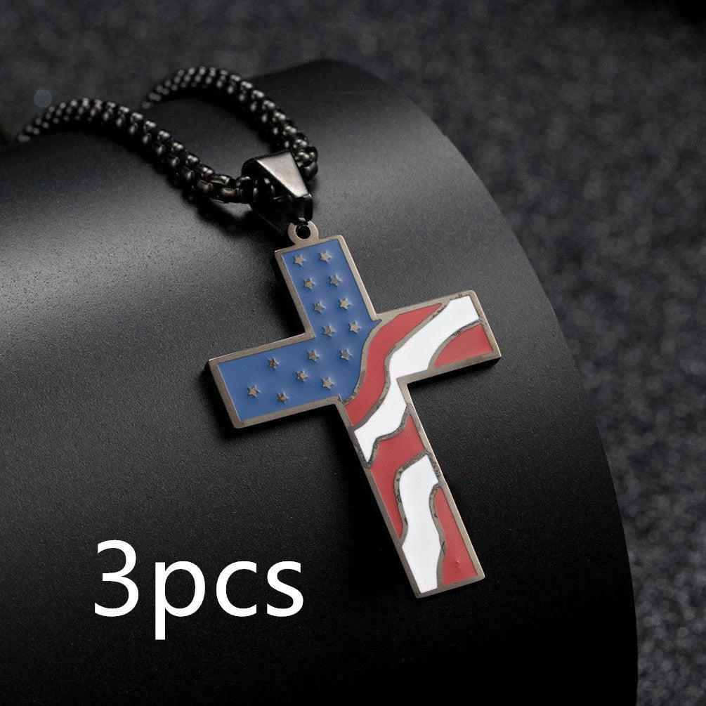 Men's stainless steel flag cross necklace in Black, Gold, and Silver options