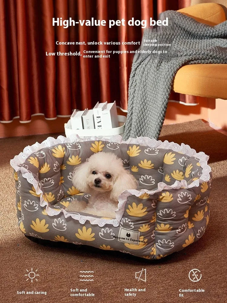 Four Seasons removable washable warm dog sofa pet cushion in gray with small flowers