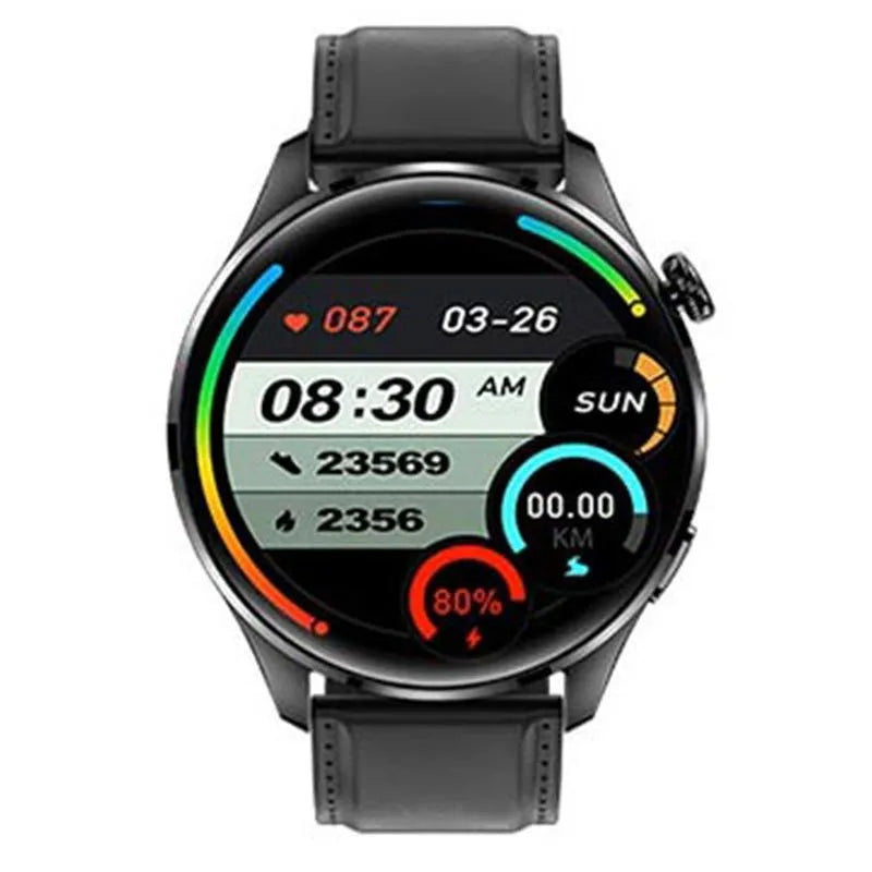 Black smart watch with a round 1.32-inch screen on a silicone strap, showing Bluetooth calling interface.