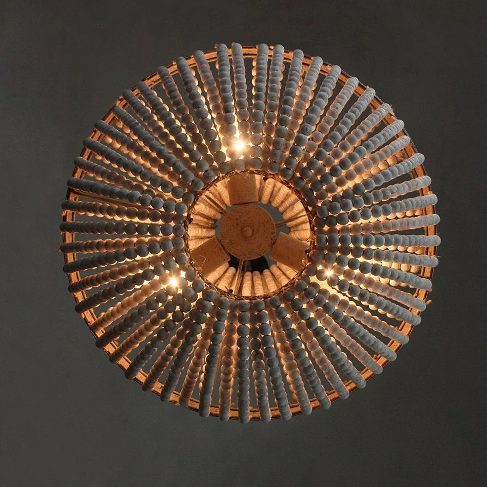 Distressed wooden bead chandelier with antique finish in retro American style for living room lighting