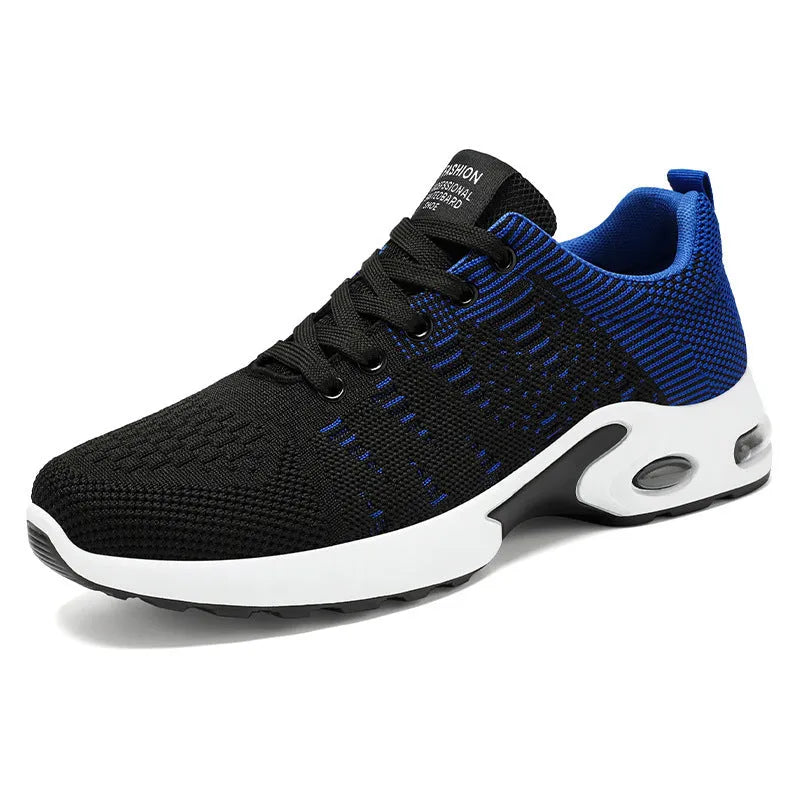 Men's low-top casual sneakers in black and blue with Flyknit mesh upper and flat sole.