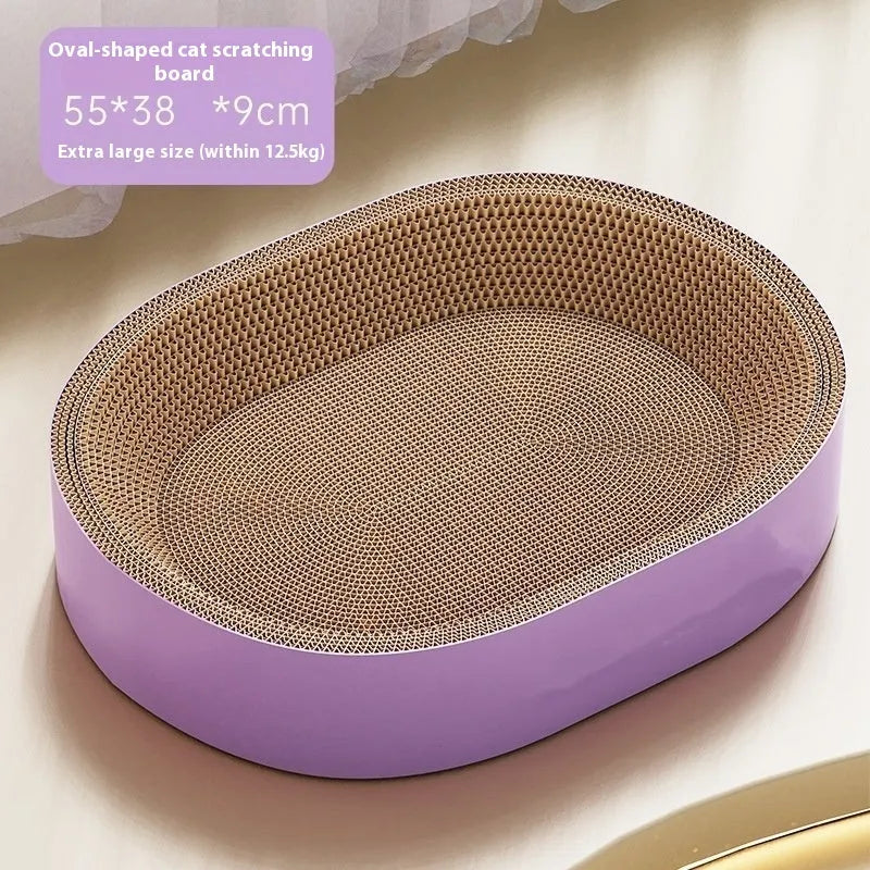 Green oval corrugated paper cat scratch board and lounging nest with a 55cm diameter.