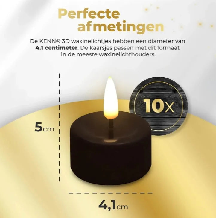 Four black S10 LED flameless tealight candles showing warm white glow.