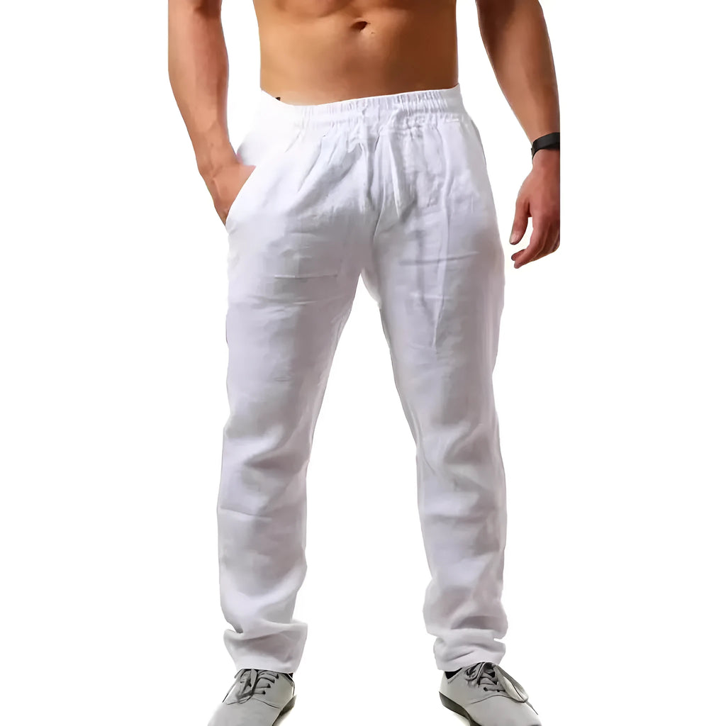 Men's cotton linen beach trousers in loose casual fit showing four colour options with European size labels